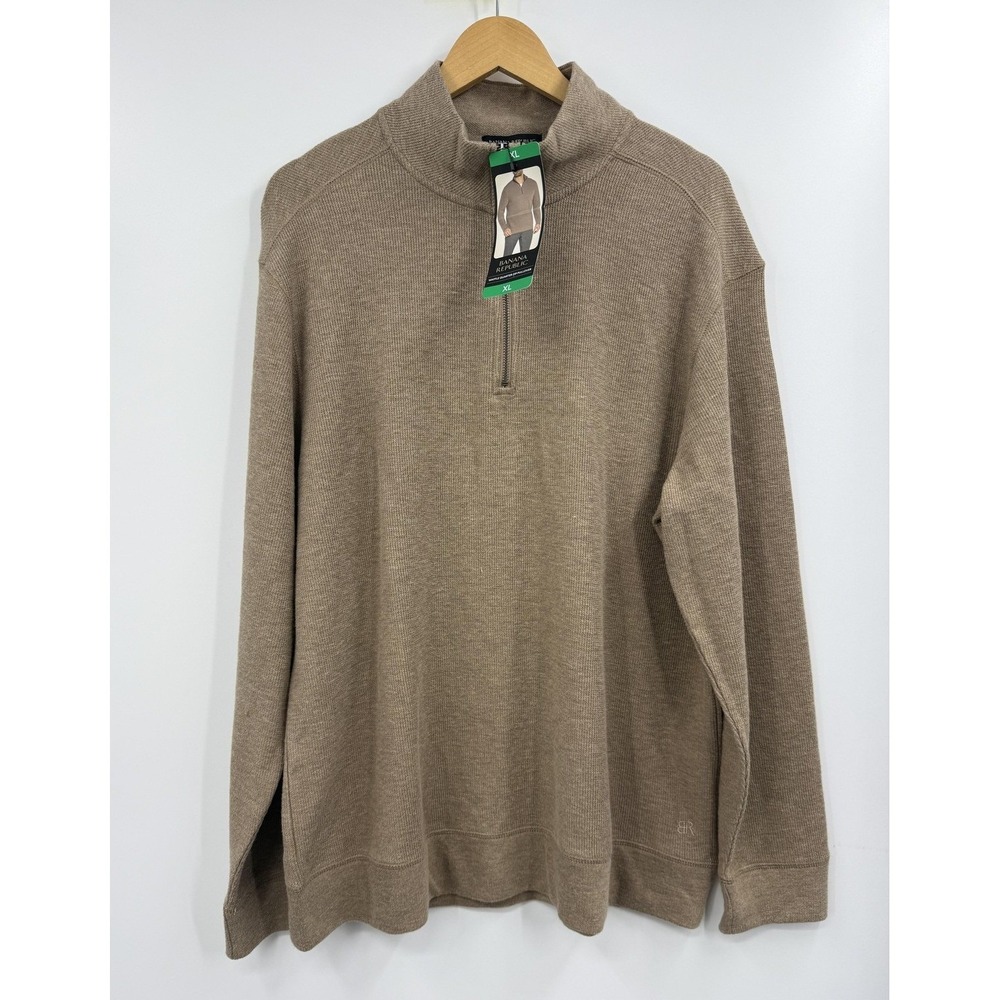 Banana Republic Sweater Mens XL Beige Waffle Quarter Zip Pullover Knit BR Logo‎